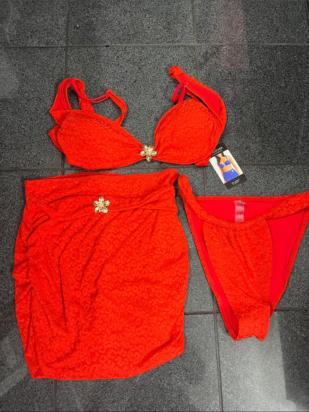 bebe Red Textured Bikini Set with Skirt and Gold Accents